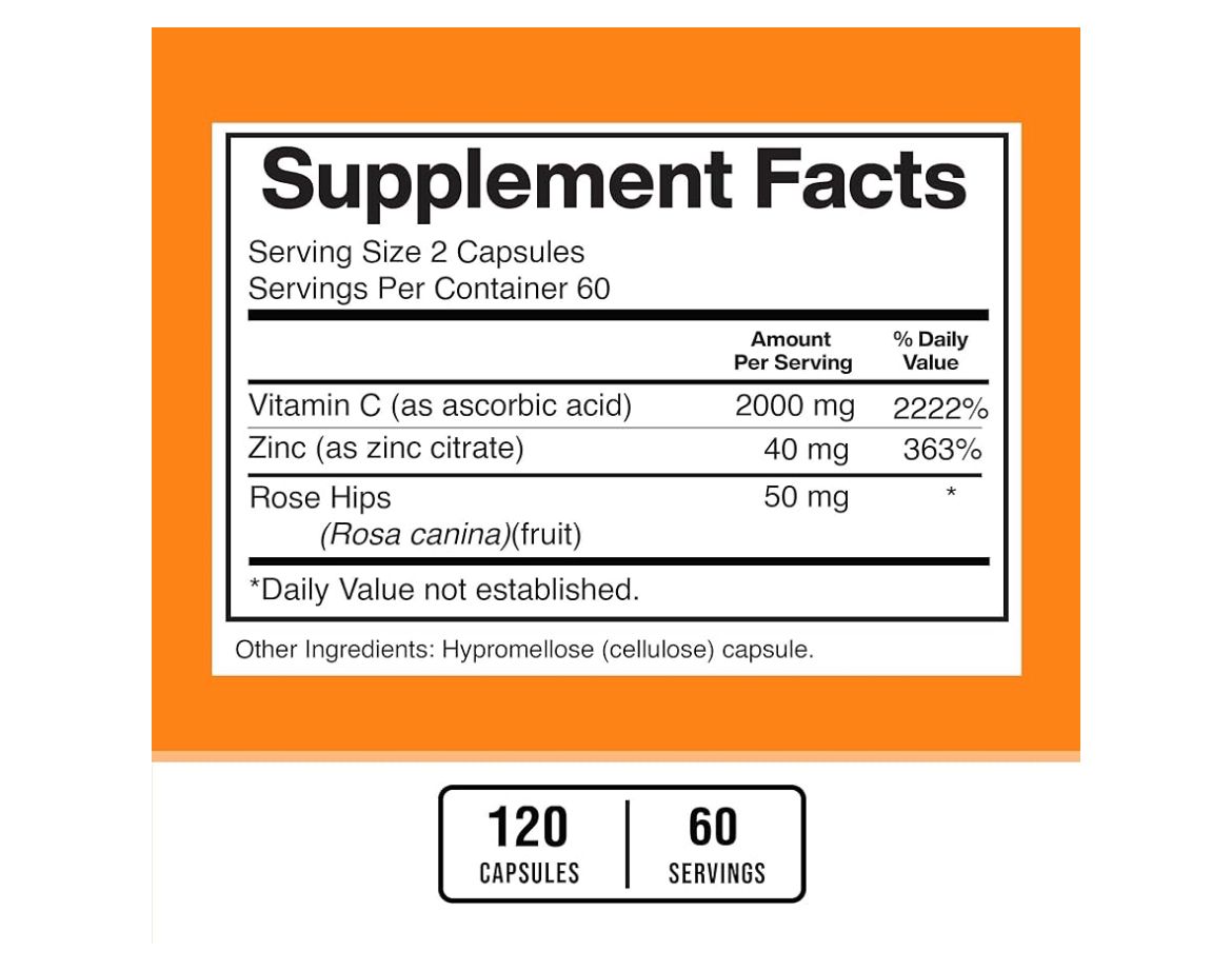 VITAMINA C + ZINC + ROSE HIPS - 120 CÁPSULAS